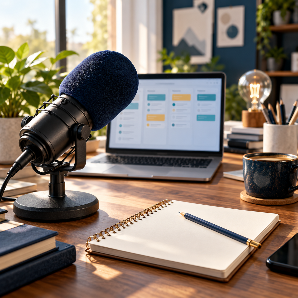 Micrófono y espacio de trabajo para emprender